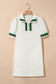 White Textured Jacquard Colorblock Edge Puff Sleeve Quarter Zip Mini Dress