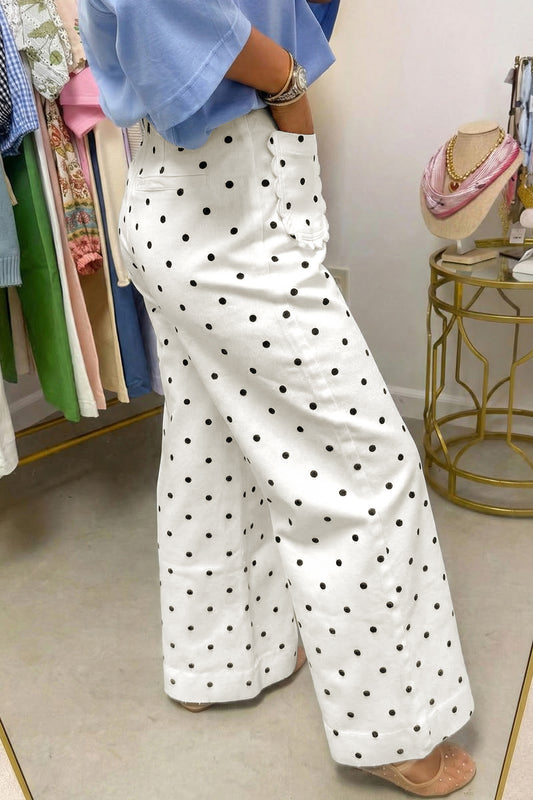 White Polka Dot Print Scalloped Patch Pocket Cotton Shift Pants