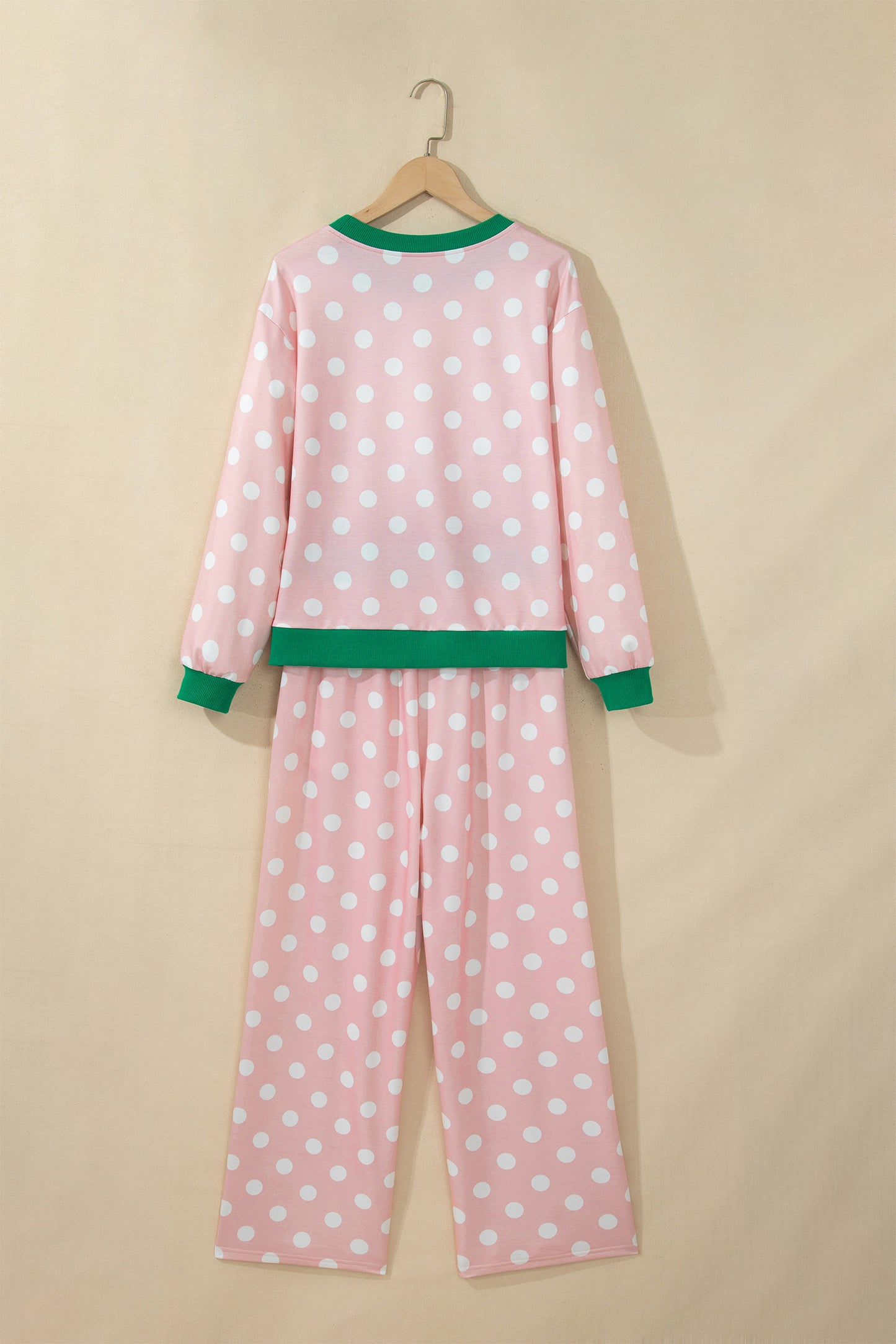 Sky Blue Polka Dot Contrast Trim Long Sleeve Top Drawstring Shift Pants Set