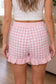 Red Gingham Print Ruffle Striped Detail Lace Tie Shorts