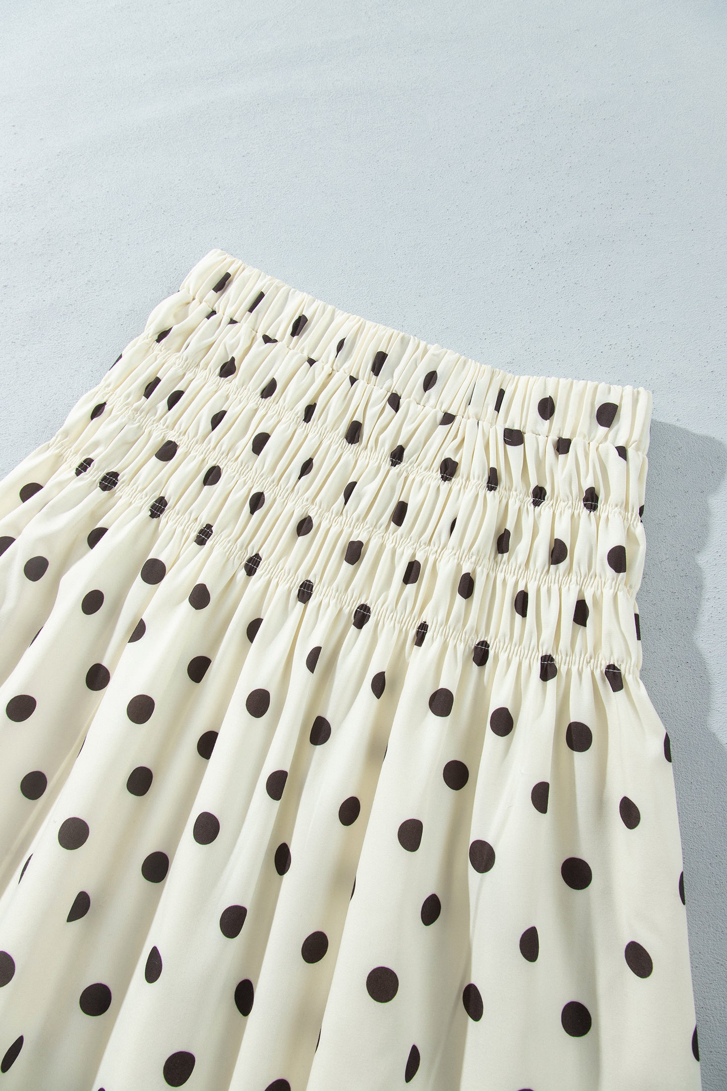 Beige Stripe Polka Dot Print Smocked High Waist Long Skirt