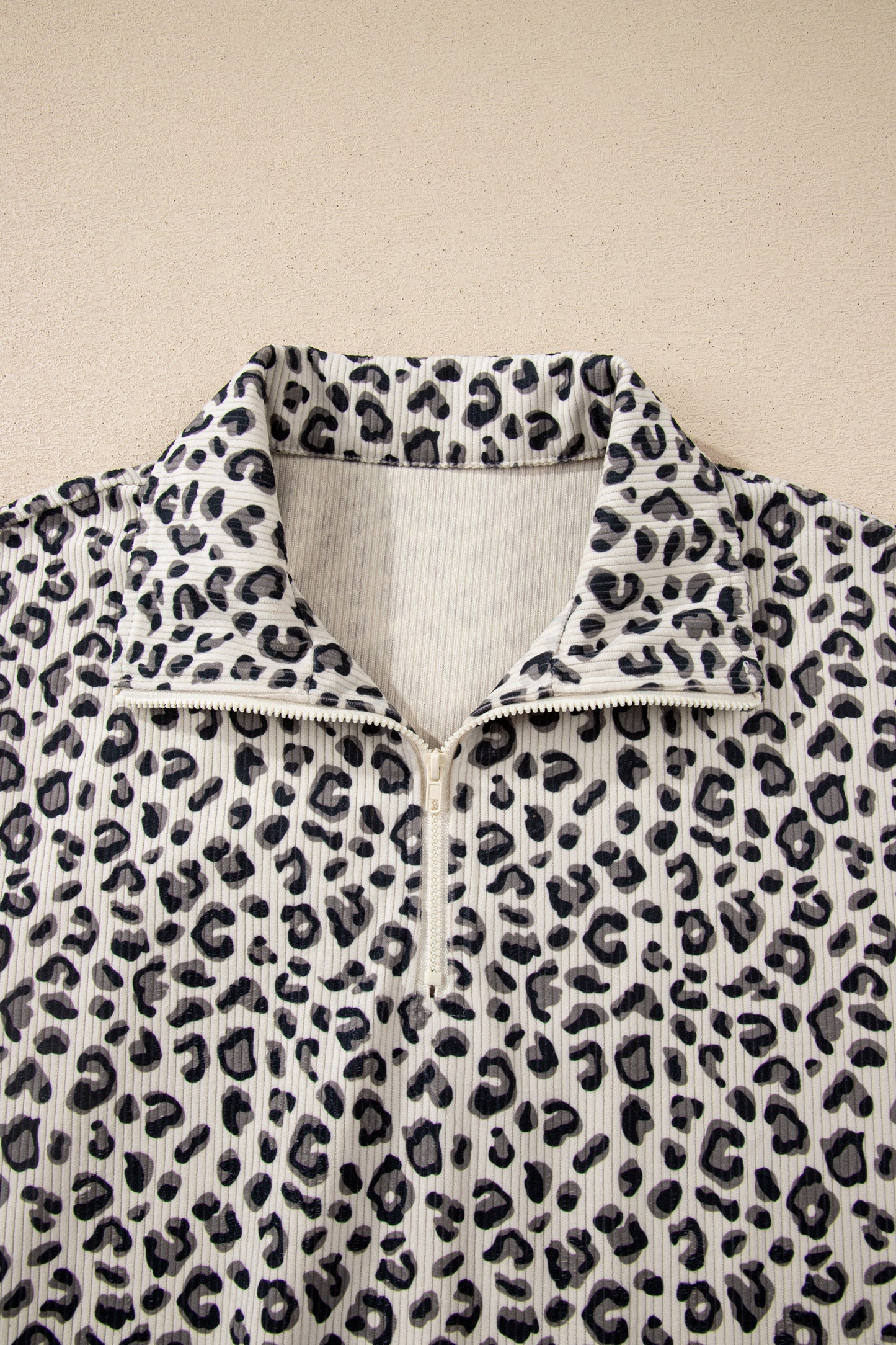 Brown Leopard Print Quarter Zip Corduroy Sweatshirt