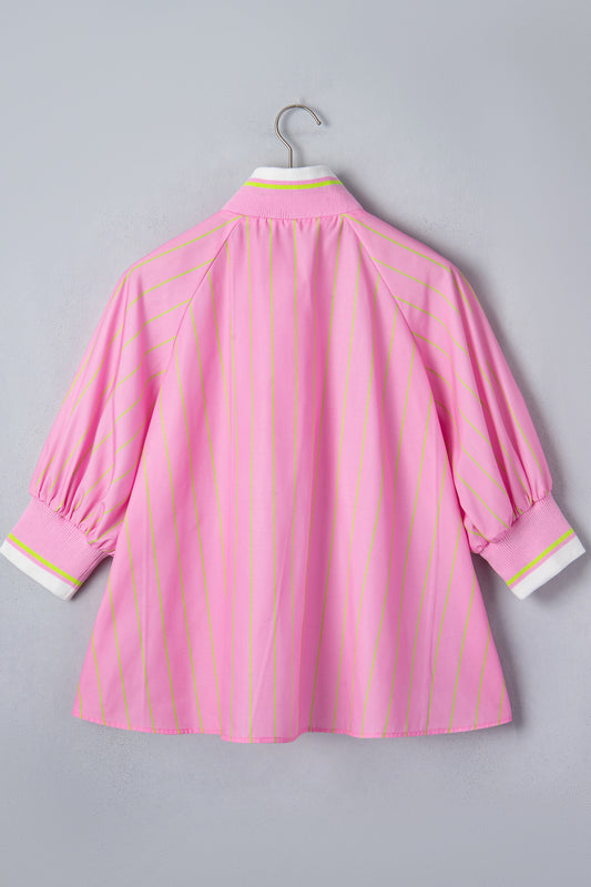Pink Stripe Striped V-Neck Half Sleeve Zipper Ribbed Cuff Casual Shift Blouse