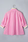 Pink Stripe Striped V-Neck Half Sleeve Zipper Ribbed Cuff Casual Shift Blouse