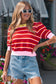 Green Stripe Colorblock Trim Half Sleeve Sweater Top