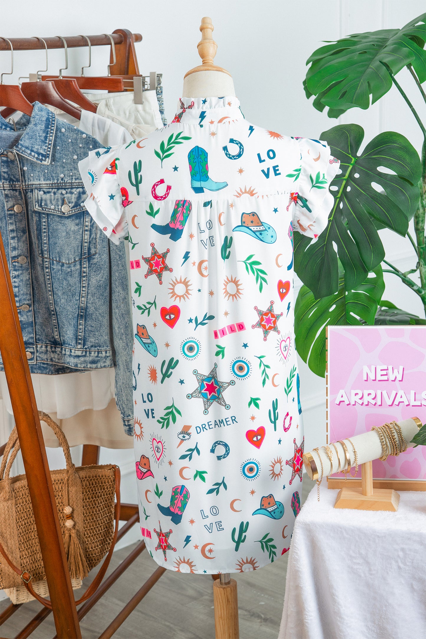 White Western Print Flutter Sleeve Button Down Mini Dress