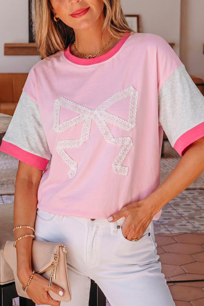 Gossamer Pink Embroidered Bow Detail Color Block Loose Tee