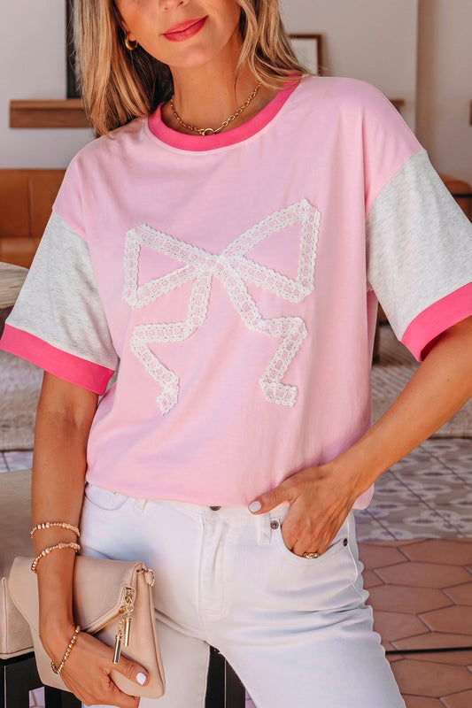 Gossamer Pink Embroidered Bow Detail Color Block Loose Tee
