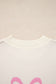 Pink Bow Print Ribbed Trim Exposed Seam Drop Shoulder Loose Sweater