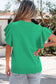 Beau Blue Solid Color Ribbed Trim Round Neck Ruffle Short Sleeve Sweater