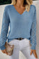 Black Solid V Neck Pointelle Knit Sleeve Patchwork Sweater