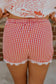 Red Gingham Plaid Tie Elastic Waist Lace Patchwork Hem Casual Shorts
