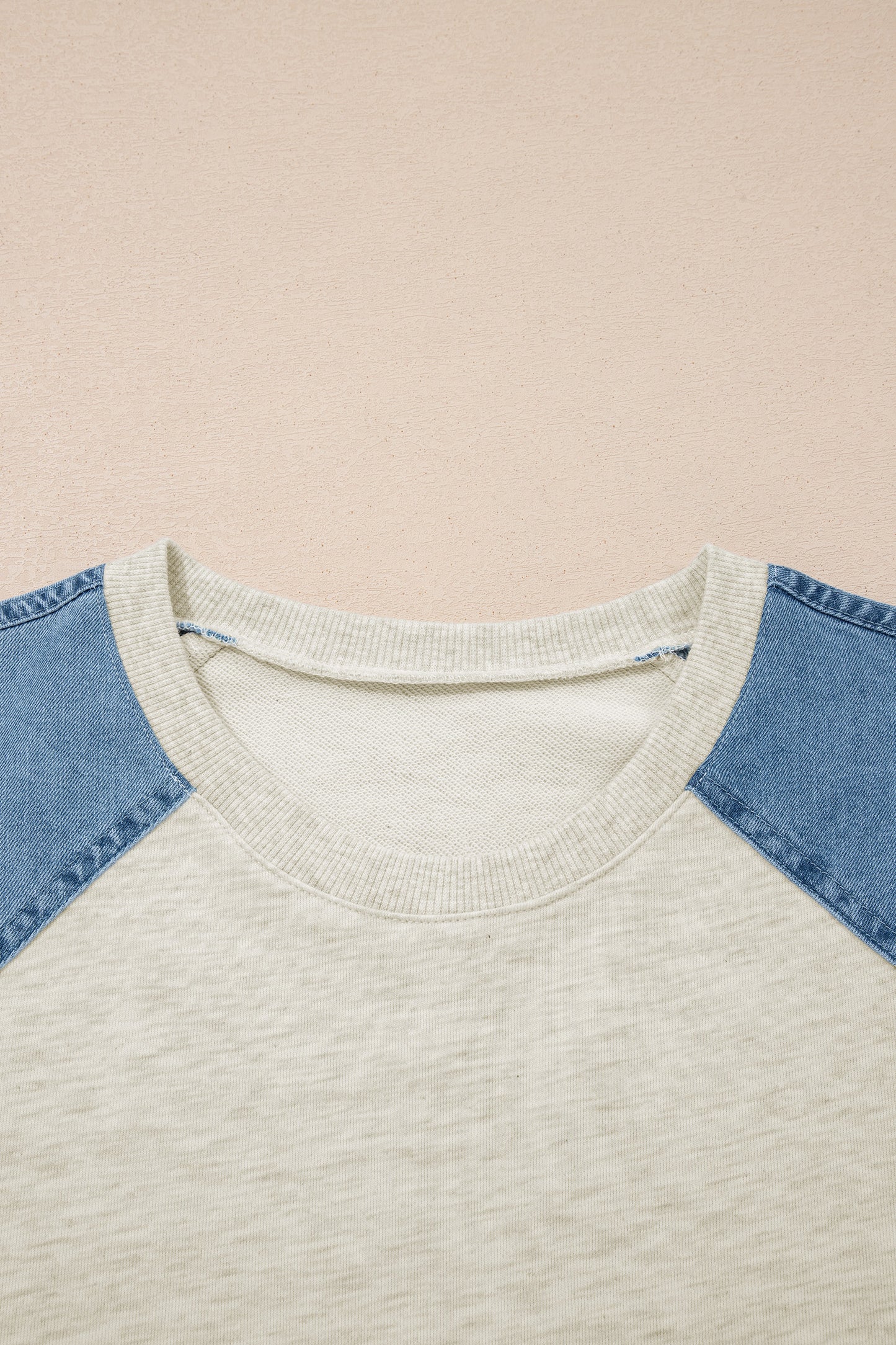 Beige Denim Color Block Patchwork Round Neck Tee