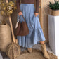 Black Elastic Waist Ruffled Tiered Flared Denim Maxi Skirt