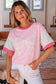 Gossamer Pink Embroidered Bow Detail Color Block Loose Tee