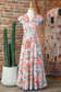 Apricot Floral Print V Neck Contrast Trim Flutter Sleeve Long Dress