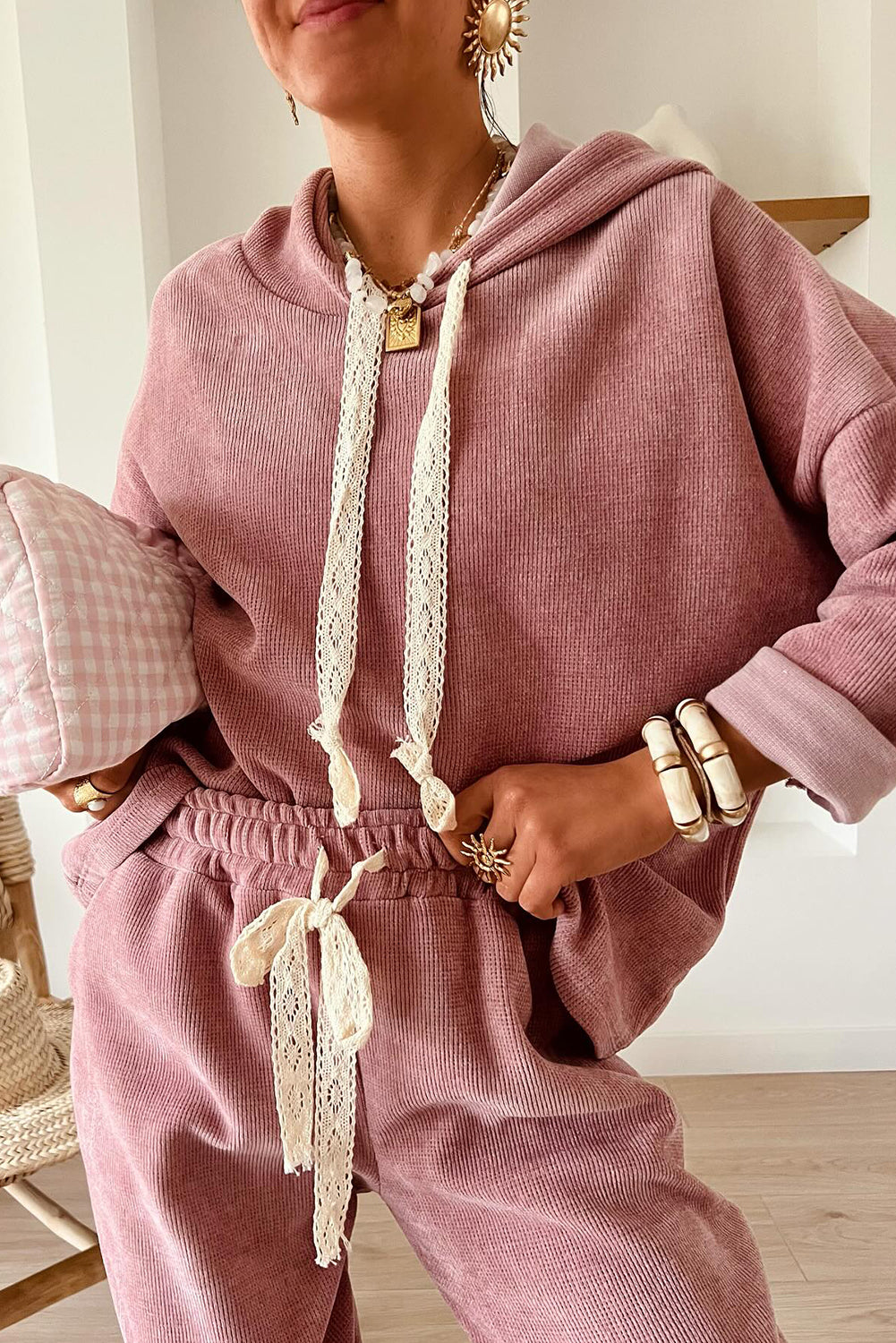 Parchment Leopard Drawstring Pullover Hoodie and High Waist Pants Corduroy Suit