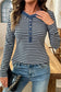 Gray Stripe Denim Contrast Collar Half Button Long Sleeve Top