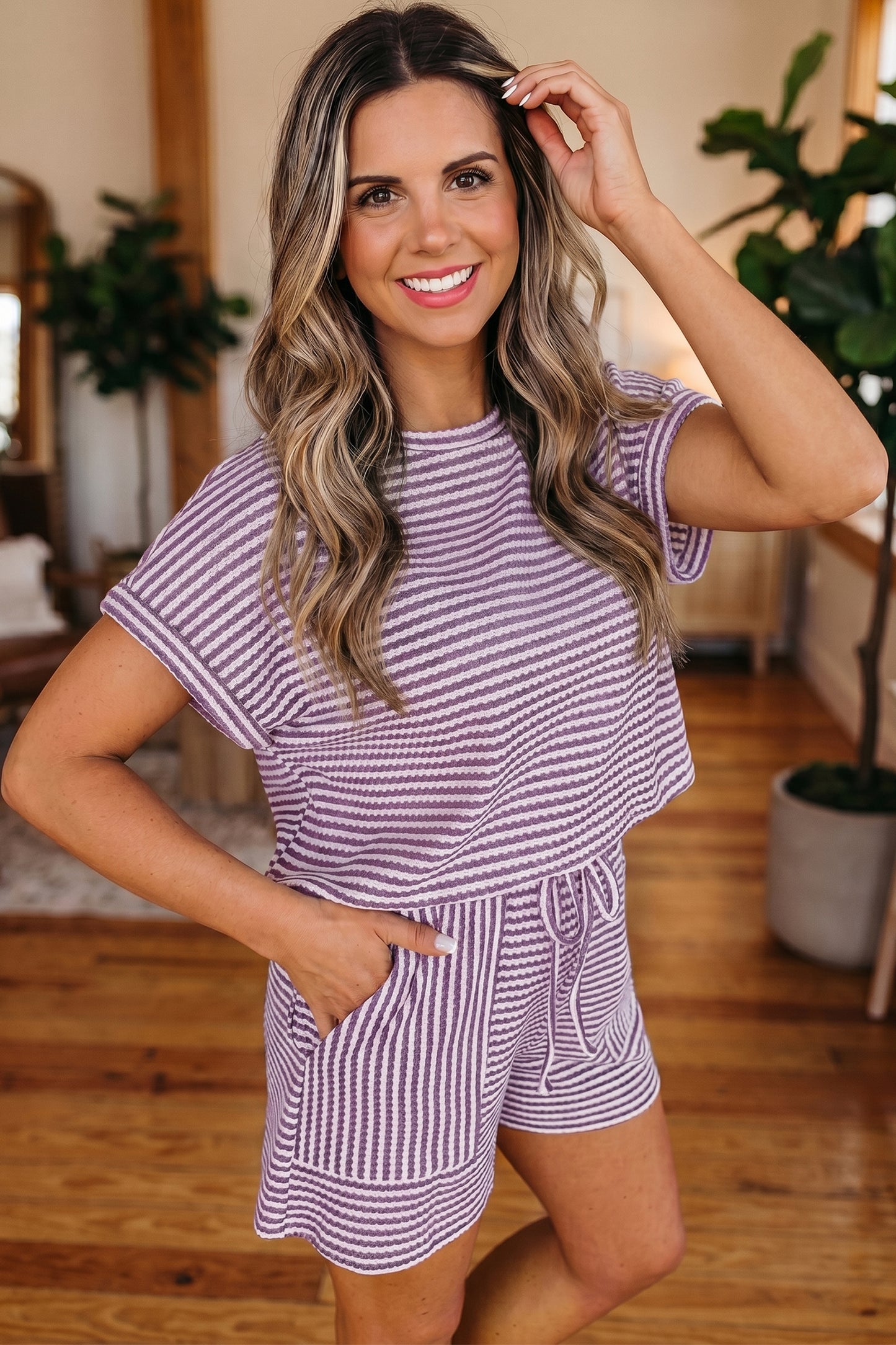 Brown Stripe Breathable Textured Knit Short 2pcs Set