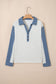 Light Grey Denim Patchwork Buttoned Polo Collar Long Sleeve Top