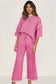 Navy Blue Contrast Trim Half Sleeve Top Drawstring Pants Loose 2pcs Sweater Suit