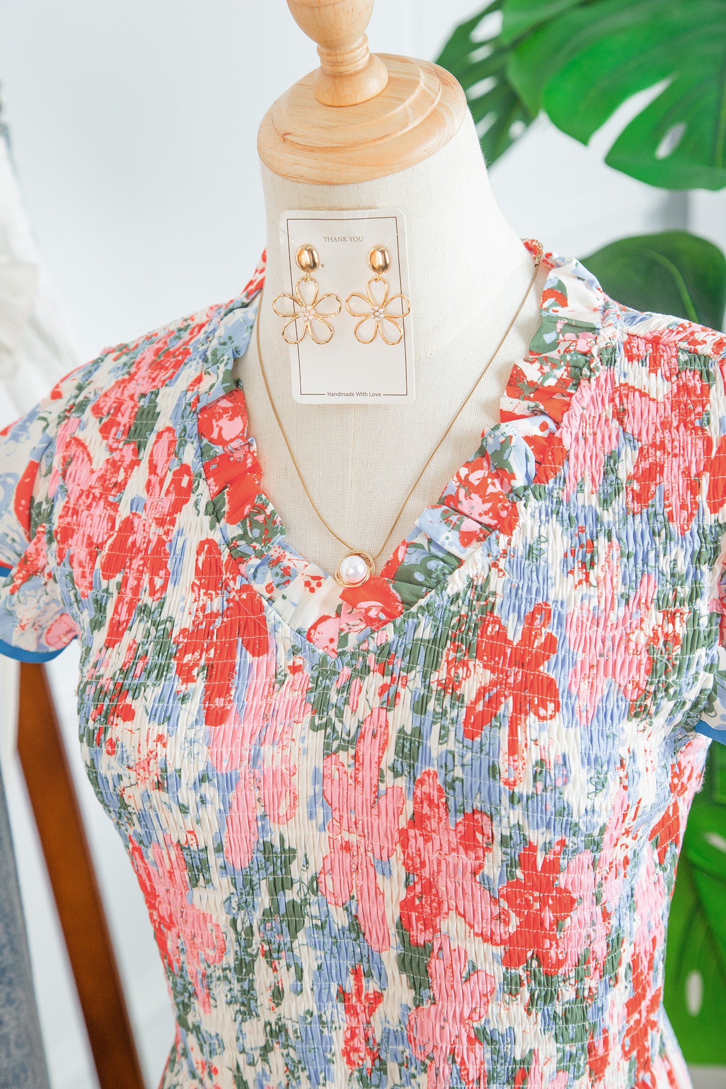 Apricot Floral Print V Neck Contrast Trim Flutter Sleeve Long Dress