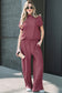 Dark Grey Twisted Ribbed High Neck Loose Tee Elastic High Waist Loose Pant Set