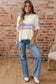 White Striped V Neck Dolman Sleeve Rib Knit Oversized Sweater with Slits