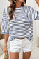 Apricot Stripe Textured Knit Split Hem Half Sleeve Loose Top