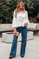 White Flower Lace-up V Neck Babydoll Blouse