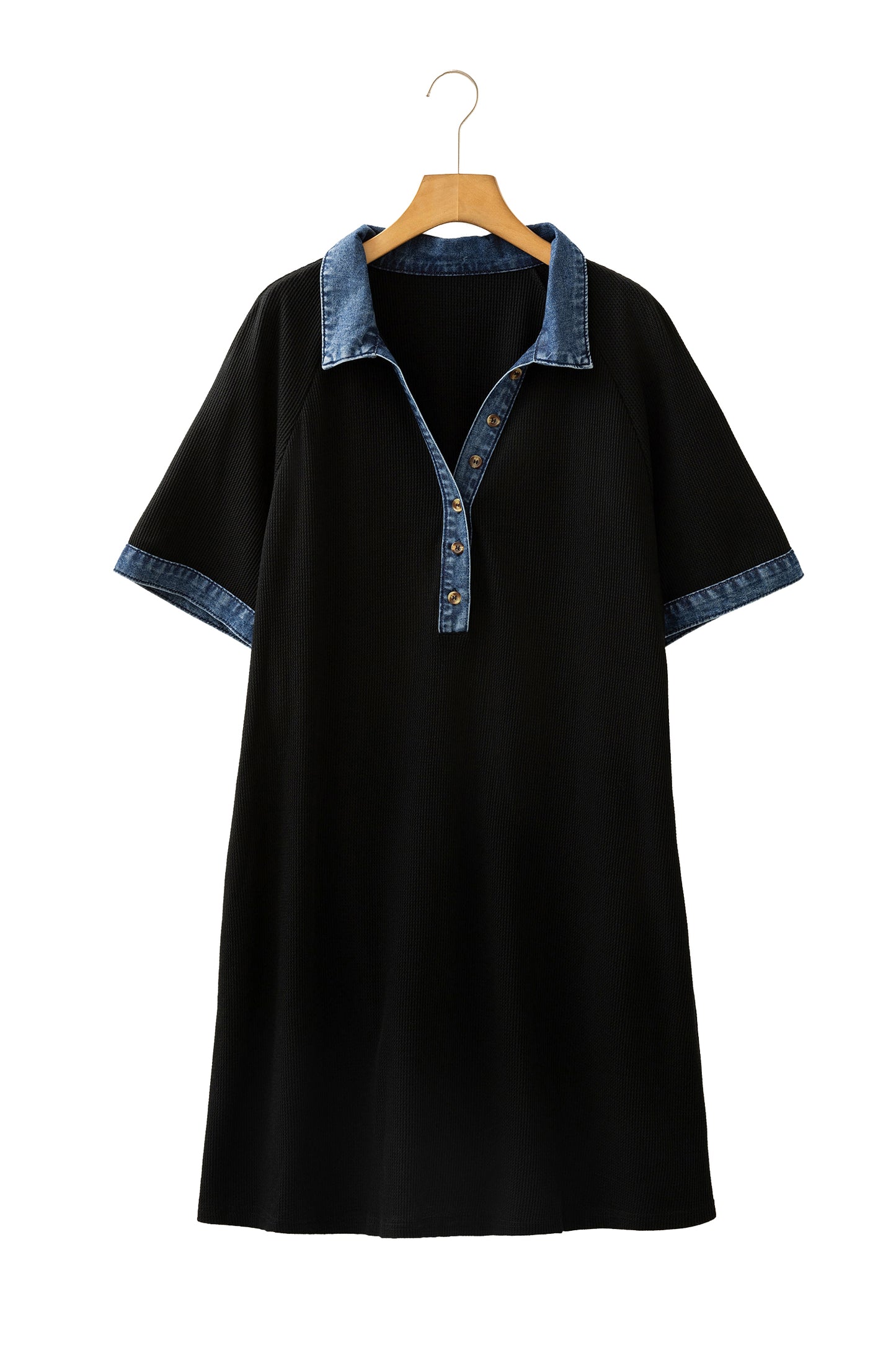 Black Colorblock Denim Collar Short Sleeve Plus Size Shift Dress