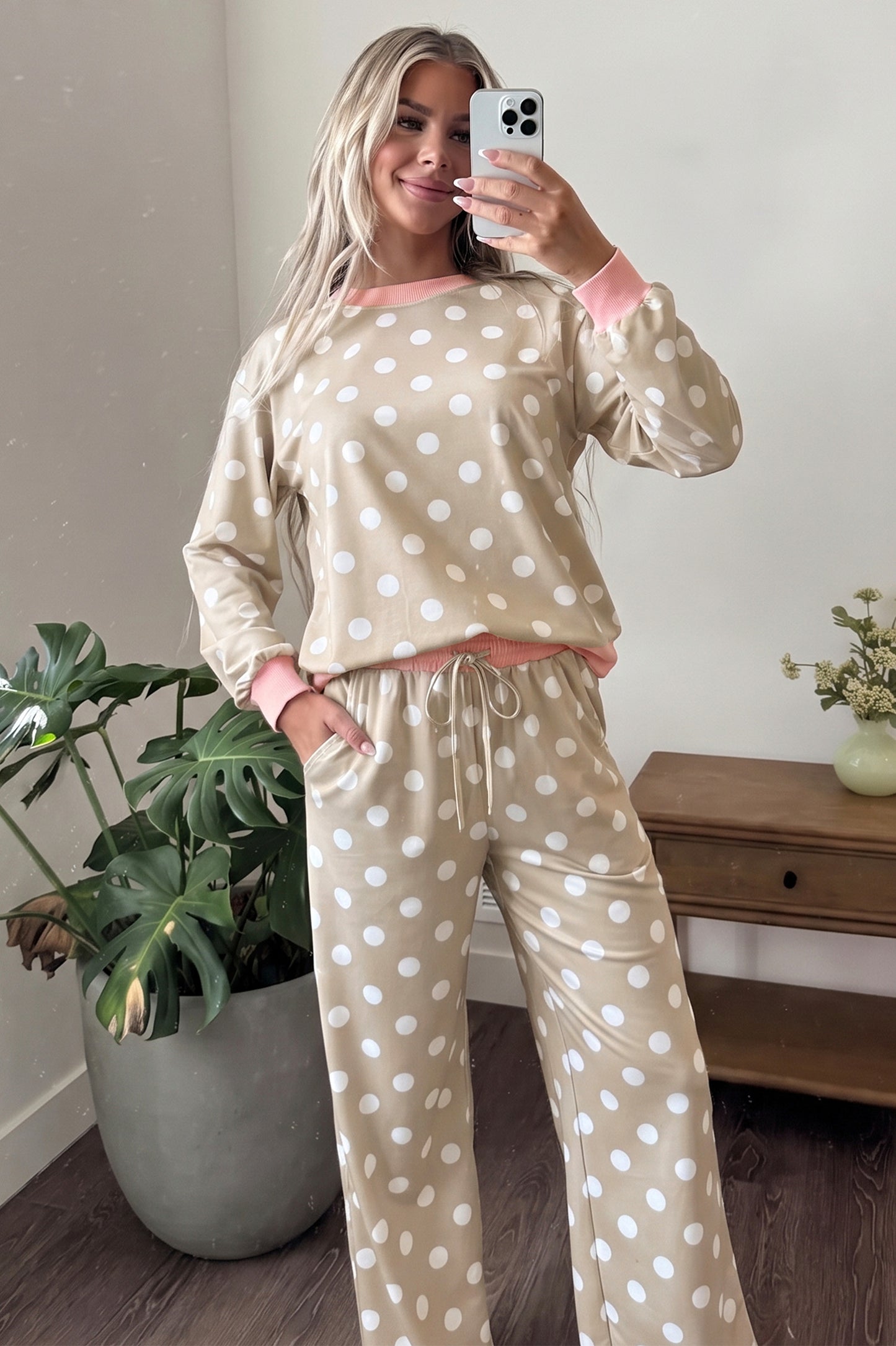 Sky Blue Polka Dot Contrast Trim Long Sleeve Top Drawstring Shift Pants Set