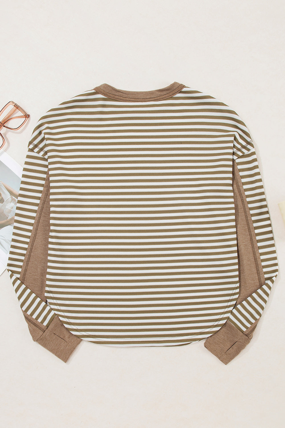 Black Stripe Thermal Knit Drop Shoulder Casual Top
