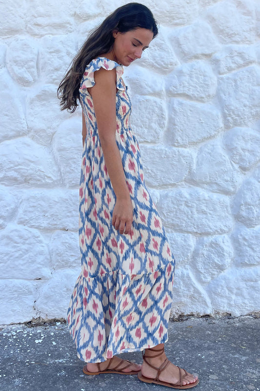 Sky Blue Ethnic Geometric Print Square Neck Smocked High Waist Ruffle Sleeve Dress