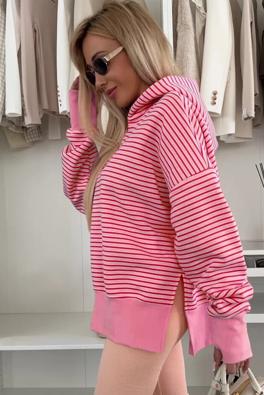 Rose Stripe Thumbhole Side Slits Drop Shoulder Loose Fit Hoodie