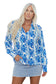 Sky Blue Ethnic Printed Tie Split Neck Button Front Puff Sleeve Shirt
