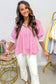 Pink Stripe Striped V-Neck Half Sleeve Zipper Ribbed Cuff Casual Shift Blouse