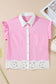 Pink Hollow-out Floral Contrast Patchwork Short Sleeve Button Up Shirt