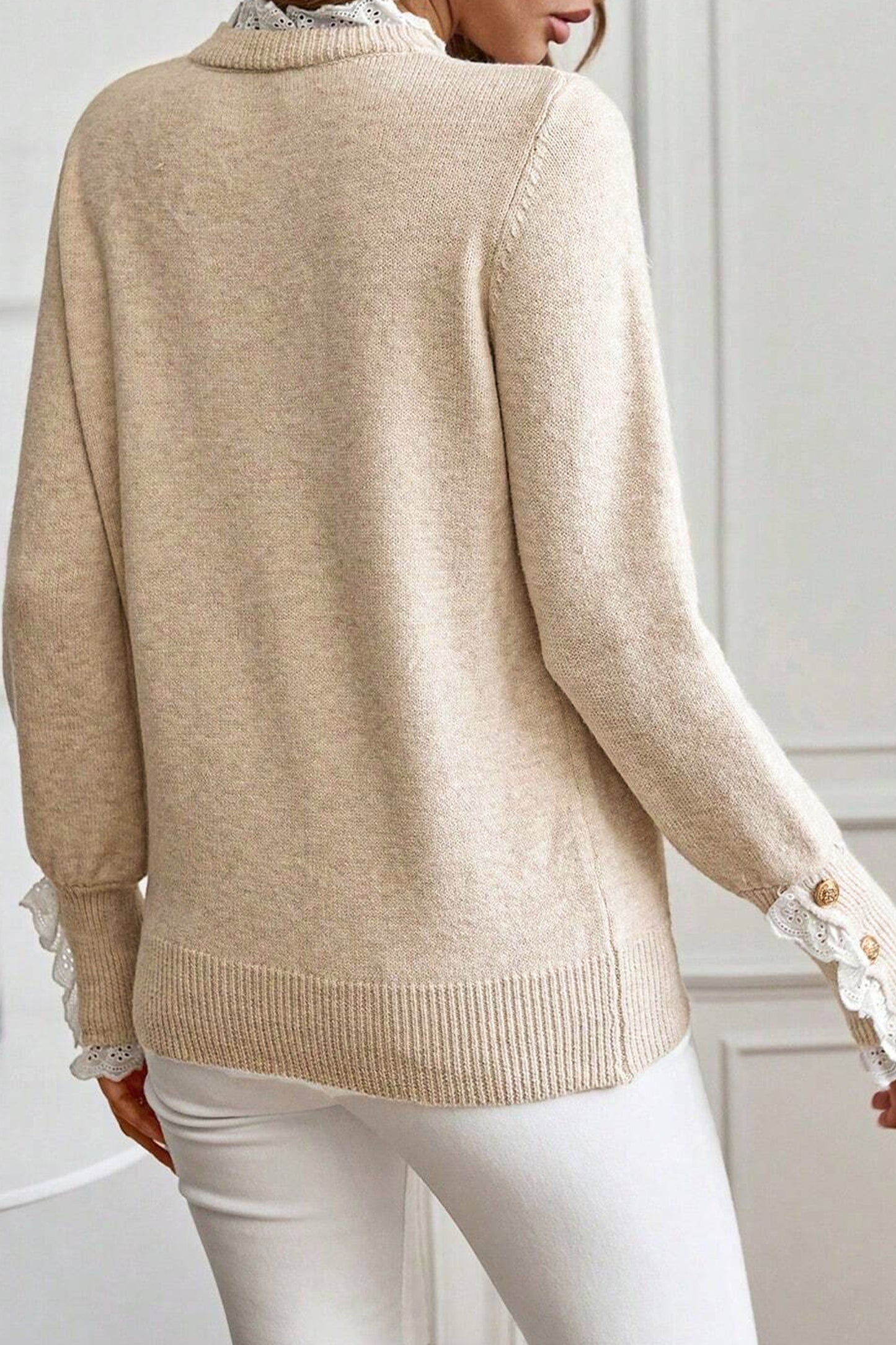 Racing Red Lace Trim Patchwork Buttoned Cuffs Loose Sweater