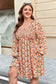 Beige Plus Size Floral Print V Neck Long Sleeve Babydoll Short Dress