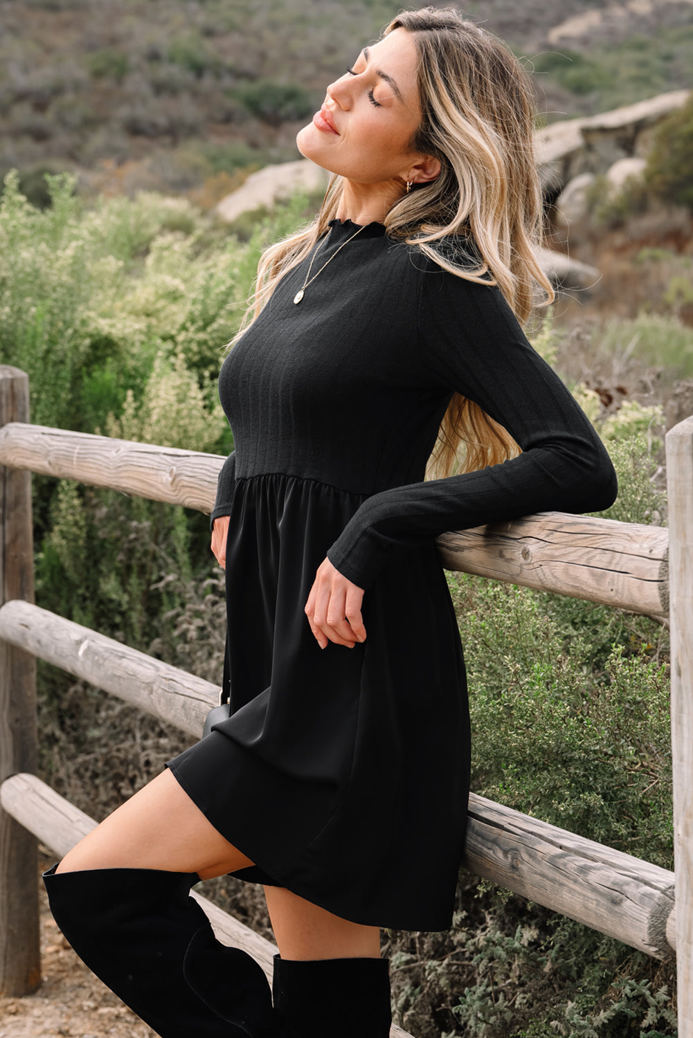 Red Dahlia Frilled Neck Ribbed Knit Patchwork Long Sleeve Mini Dress