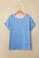Sky Blue Raised Rib Polka Dot Print Cuffed Short Sleeve Top