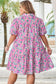 Pink Plus Size Floral Half Button Short Puff Sleeve A-line Dress