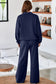Dusk Blue Solid Color Cowl Neck Drawstring Pullover Wide Leg Athleisure Pants Set