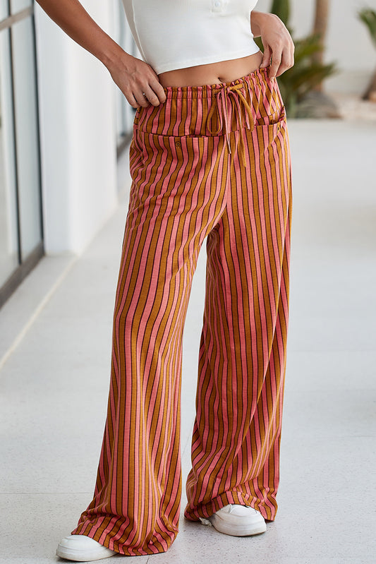 Red Stripe Button Pocket Tie Waist Casual Wide Leg Pants