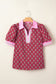 Red Contrast Collared V Neck Ricrac Trim Short Puff Sleeve Flower Blouse