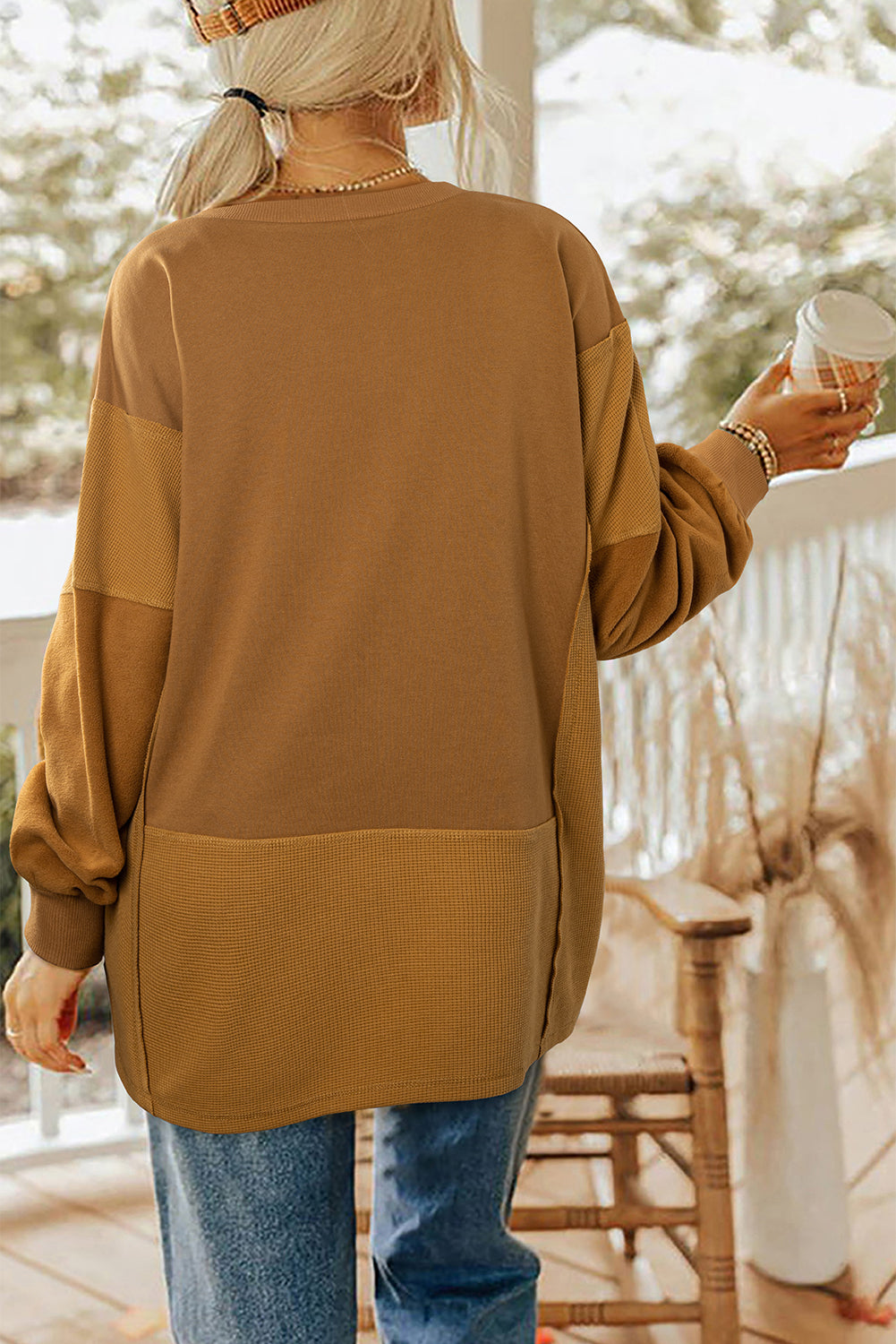 Multicolor Oversized Mixed Textured Split Neck High Low Patchwork Sweatshirt