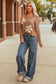 Fresh Salmon Floral Patchwork V Neck Long Sleeve T Shirt