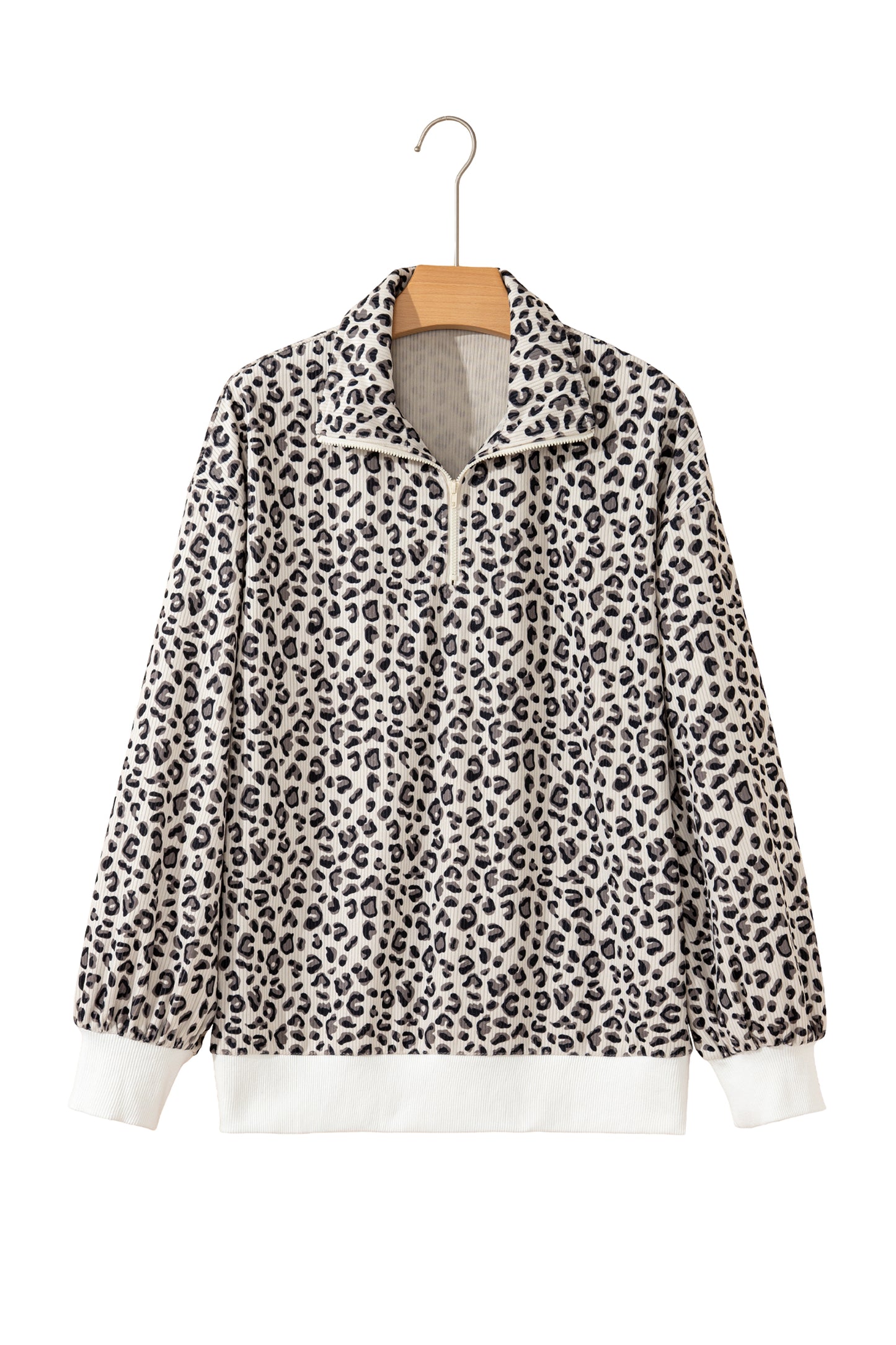 Brown Leopard Print Quarter Zip Corduroy Sweatshirt