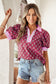 Red Contrast Collared V Neck Ricrac Trim Short Puff Sleeve Flower Blouse